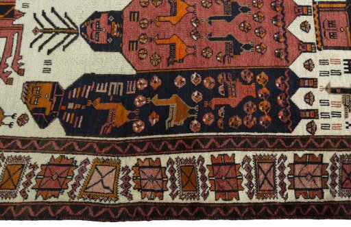 Close-up detail of 1930s Baloch rug from Iran / Persia showing Wool weave