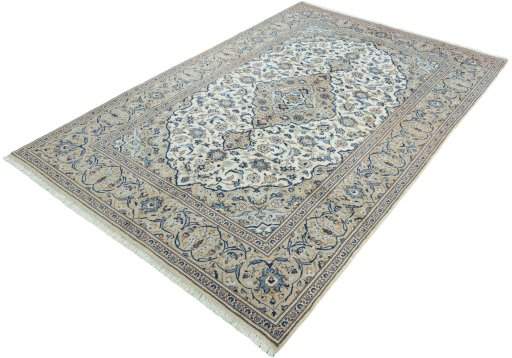 Corner detail of 2000s Kashan rug showing border pattern and Wool pile