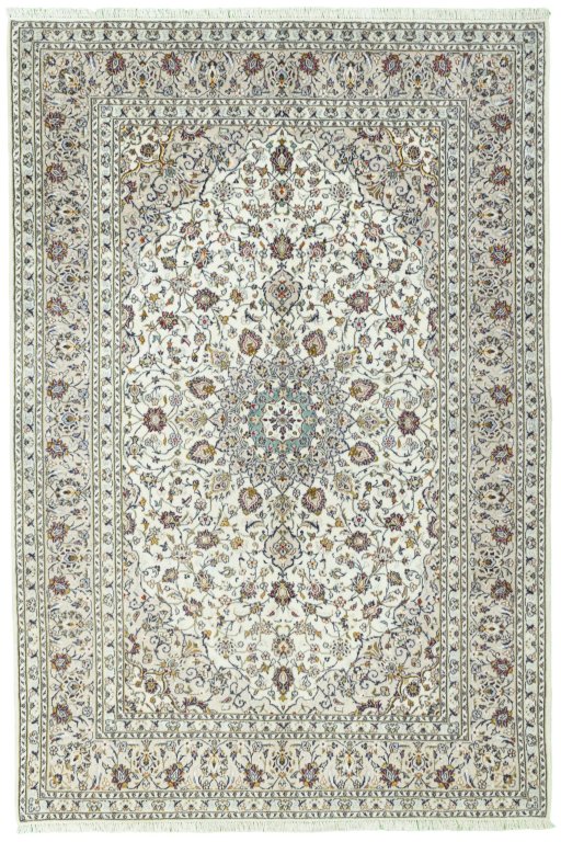 Full view of 2000s Kashan rug from Iran / Persia, 296 × 200 cm in Beige tones