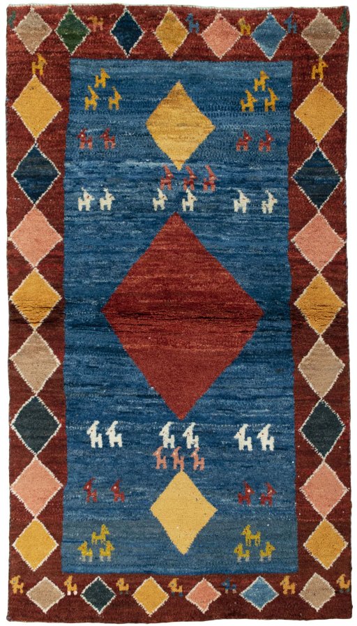 Full view of 2000s Persian Gabbeh rug from Pakistan, 189 × 105 cm in Blue tones