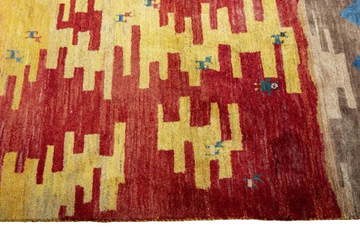 Close-up detail of 2000s Persian Gabbeh rug from Pakistan showing Wool weave