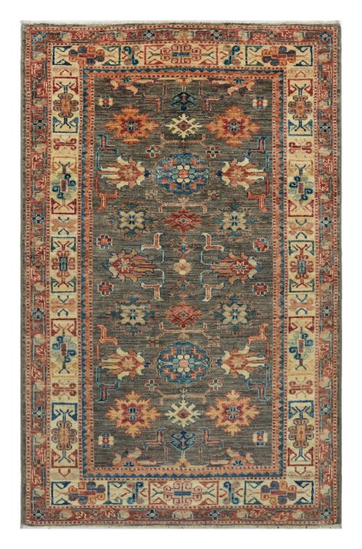 Full view of New Kazak rug from Pakistan, 152 × 98 cm in Gray tones