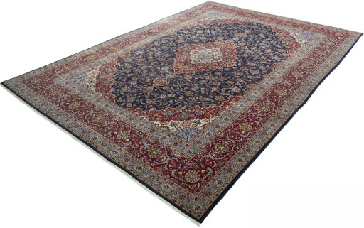 Corner detail of New Kashan rug showing border pattern and Cork pile