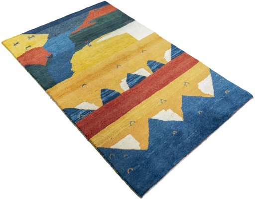 Close-up detail of 2000s Persian Gabbeh rug from Pakistan showing Wool weave
