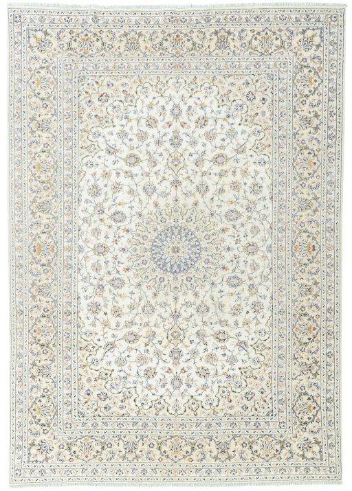Full view of 2000s Kashan rug from Iran / Persia, 346 × 243 cm in Beige tones