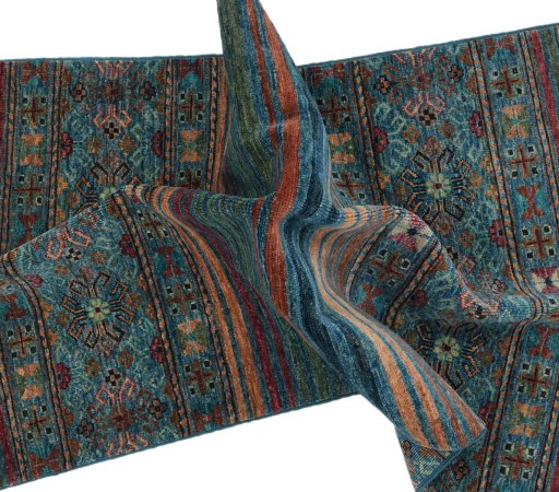 Full view of New Samarkand rug from Pakistan, 131 × 81 cm in Multi Color tones