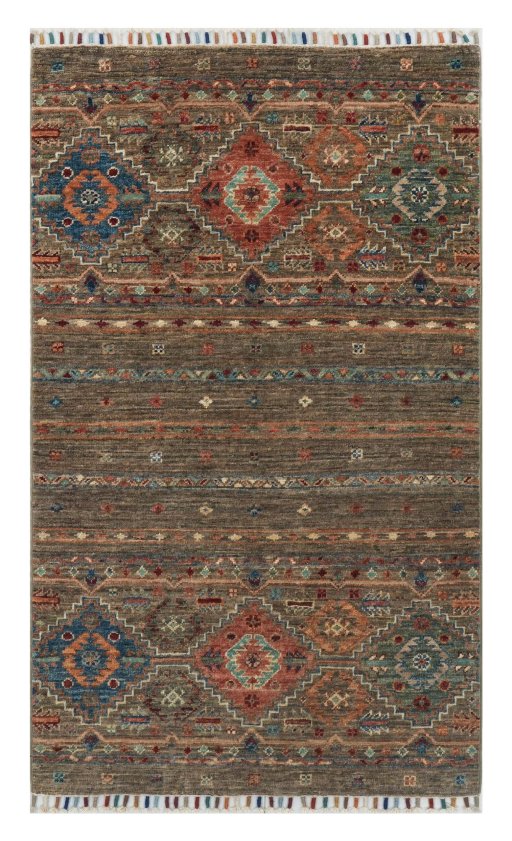Full view of New Samarkand rug from Pakistan, 123 × 77 cm in Gray tones