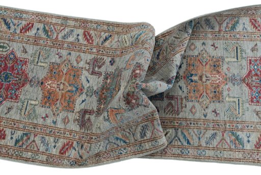 Full view of New Kazak rug from Pakistan, 253 × 79 cm in Gray tones