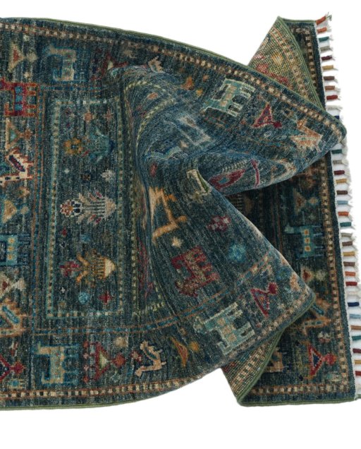 Full view of New Samarkand rug from Pakistan, 97 × 63 cm in Green tones