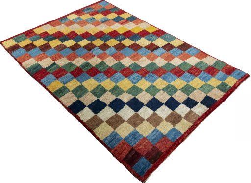 Close-up detail of 2000s Persian Gabbeh rug from Pakistan showing Wool weave