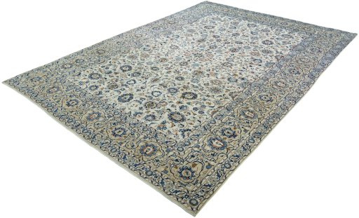 Corner detail of 2000s Kashan rug showing border pattern and Wool pile