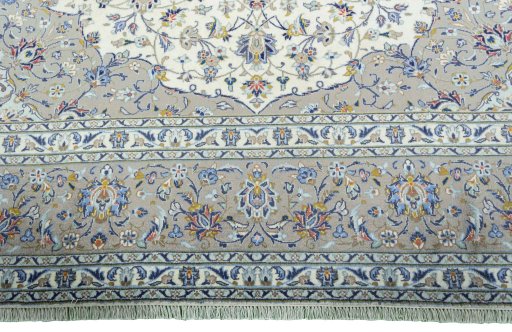 Full view of 2000s Kashan rug from Iran / Persia, 392 × 296 cm in Beige tones