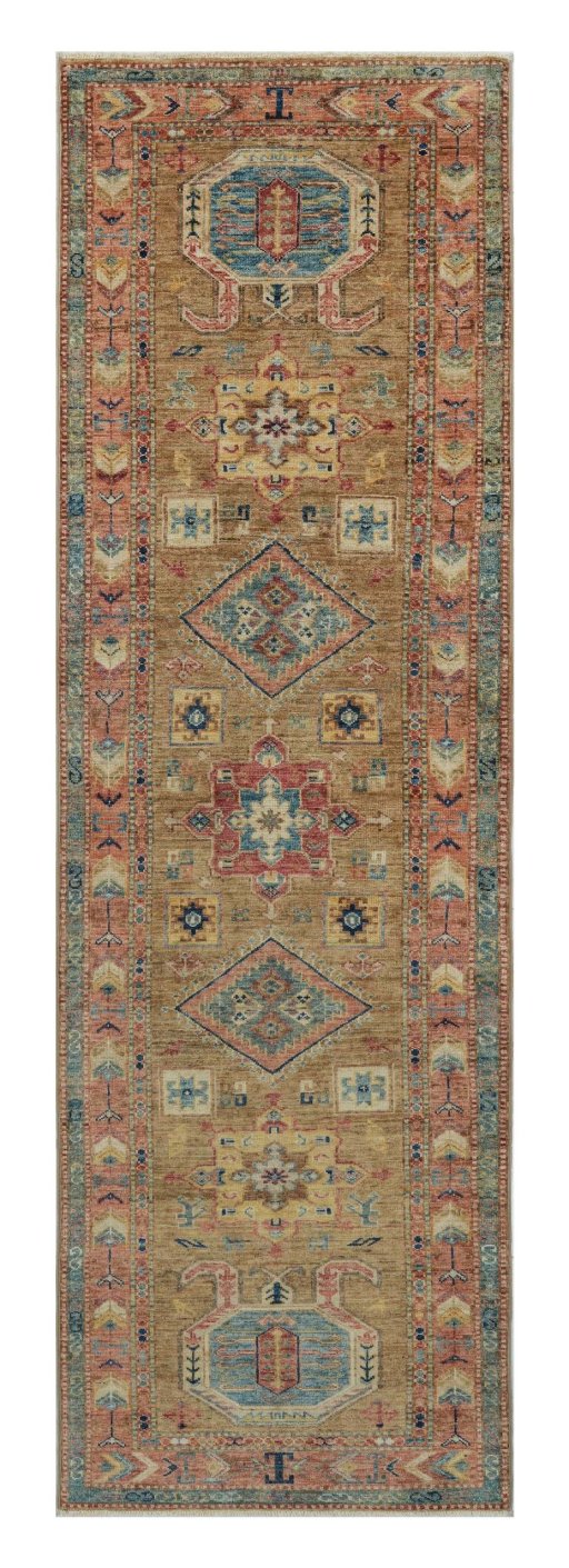 Full view of New Kazak rug from Pakistan, 249 × 77 cm in Yellow tones