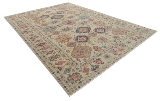Corner detail of New Kazak rug showing border pattern and Wool pile