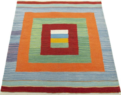 Close-up detail of New Kilim Sofre rug from Turkey showing Wool weave