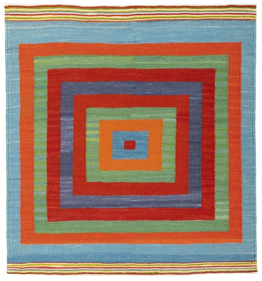 Full view of New Kilim Sofre rug from Turkey, 107 × 99 cm in Multi Color tones