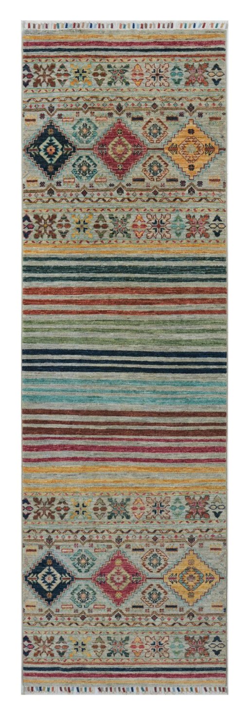 Full view of New Samarkand rug from Pakistan, 254 × 79 cm in Multi Color tones