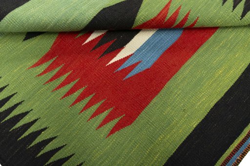 Full view of New Kilim Sofre rug from Turkey, 103 × 104 cm in Multi Color tones