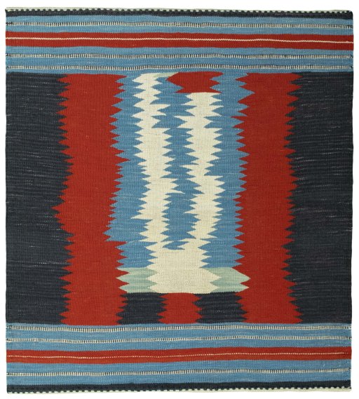 Full view of New Kilim Sofre rug from Turkey, 108 × 98 cm in Multi Color tones