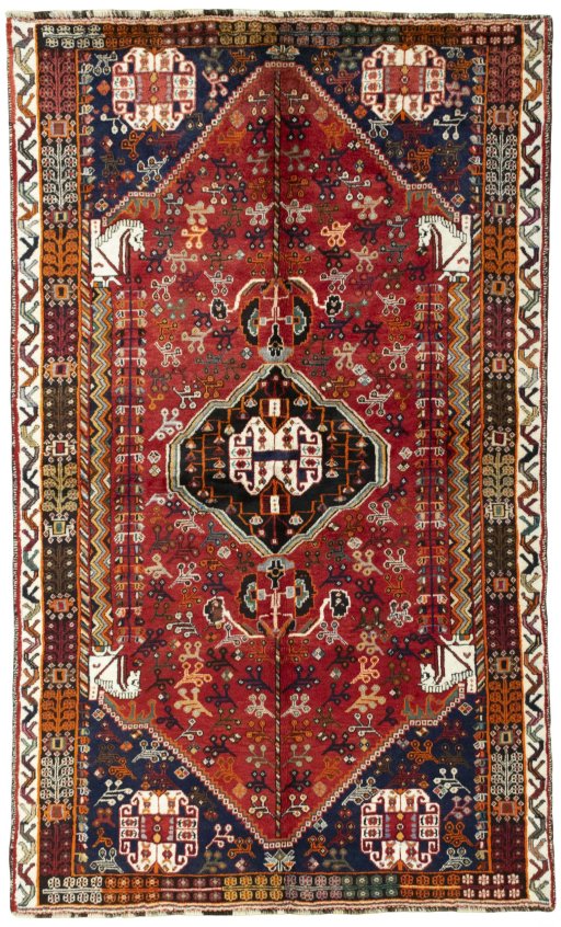 Full view of 1970s Shiraz rug from Iran / Persia, 254 × 153 cm in Red tones