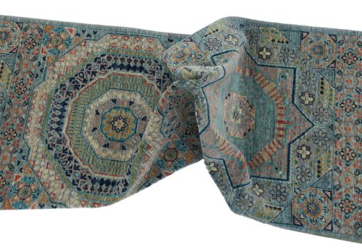 Full view of New Mamluk rug from Pakistan, 346 × 77 cm in Blue tones