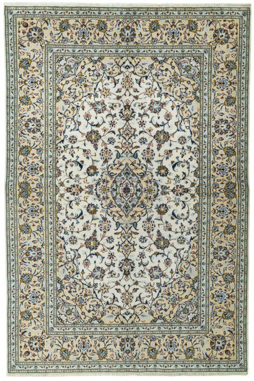 Full view of 2000s Kashan rug from Iran / Persia, 300 × 200 cm in Beige tones