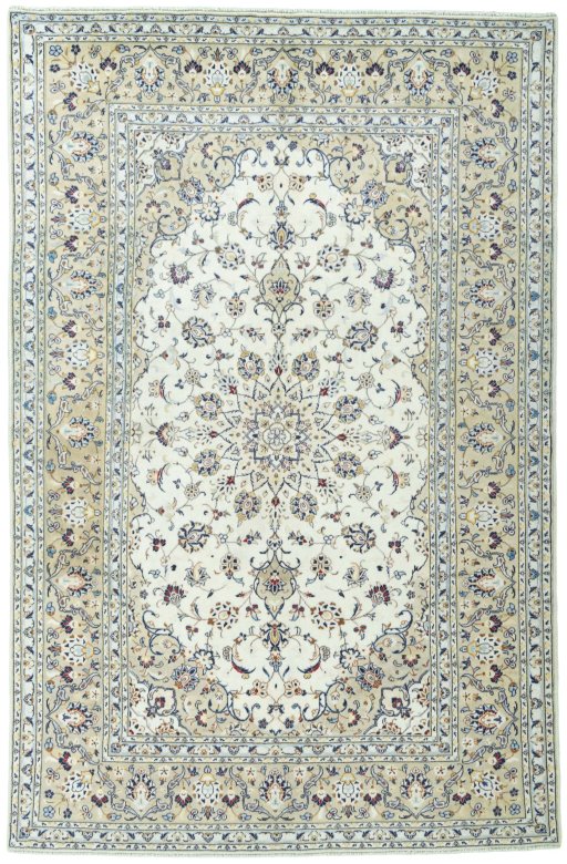 Full view of 2000s Kashan rug from Iran / Persia, 293 × 191 cm in Beige tones
