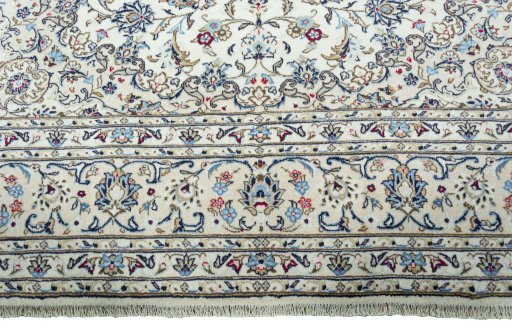 Full view of 2000s Kashan rug from Iran / Persia, 347 × 250 cm in Beige tones