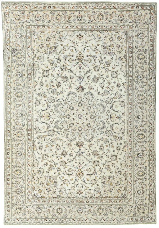 Full view of 2000s Kashan rug from Iran / Persia, 350 × 240 cm in Beige tones