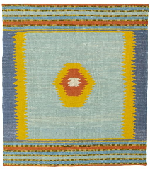 Full view of New Kilim Sofre rug from Turkey, 107 × 95 cm in Multi Color tones