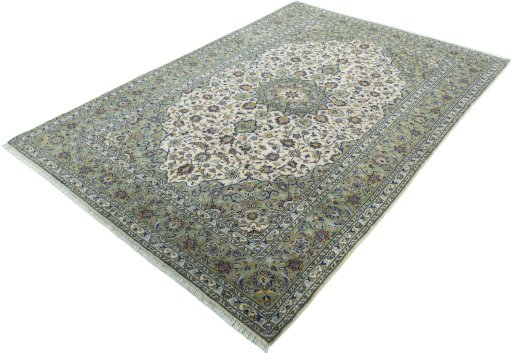 Corner detail of 2000s Kashan rug showing border pattern and Wool pile