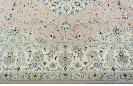 Corner detail of New Kashan rug showing border pattern and Wool pile