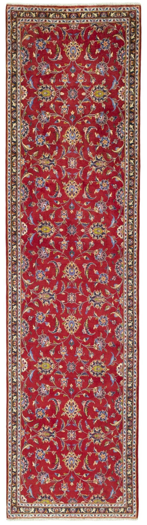 Full view of 2000s Kashan rug from Iran / Persia, 385 × 101 cm in Red tones