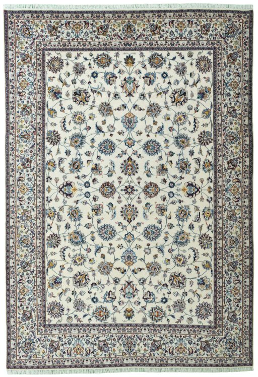 Full view of 2000s Mashad rug from Iran / Persia, 355 × 246 cm in Beige tones