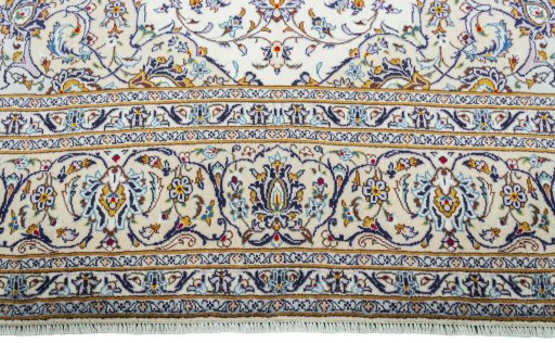 Full view of 2000s Kashan rug from Iran / Persia, 374 × 260 cm in Beige tones