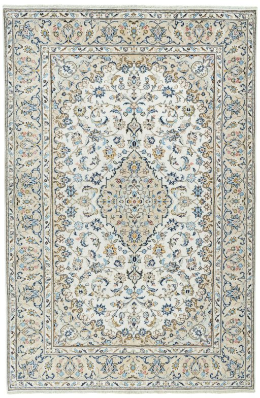Full view of New Kashan rug from Iran / Persia, 304 × 200 cm in Beige tones