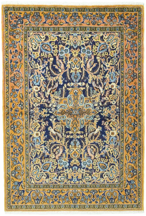 Full view of 1970s Ghom rug from Iran / Persia, 155 × 108 cm in Blue tones