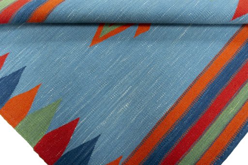Full view of New Kilim Sofre rug from Turkey, 106 × 103 cm in Multi Color tones