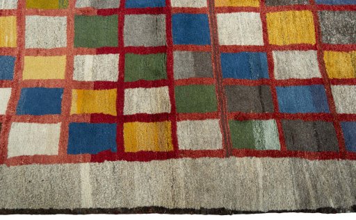 Close-up detail of 2000s Persian Gabbeh rug from Pakistan showing Wool weave