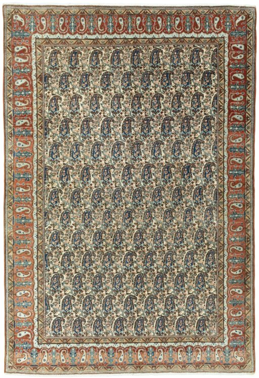 Full view of 1950s Ghom rug from Iran / Persia, 202 × 137 cm in Beige tones