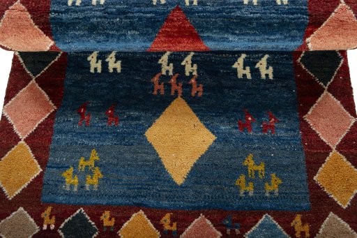 Full view of 2000s Persian Gabbeh rug from Pakistan, 189 × 105 cm in Blue tones