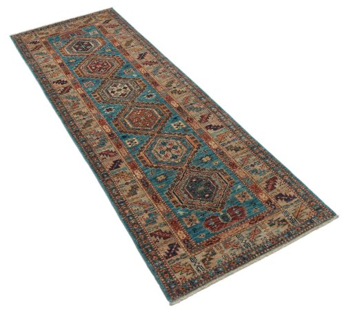 Corner detail of New Kazak rug showing border pattern and Wool pile
