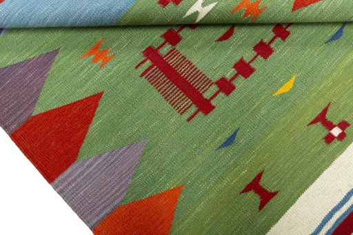 Full view of New Kilim Sofre rug from Turkey, 132 × 108 cm in Multi Color tones