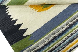 Full view of New Kilim Sofre rug from Turkey, 106 × 97 cm in Multi Color tones