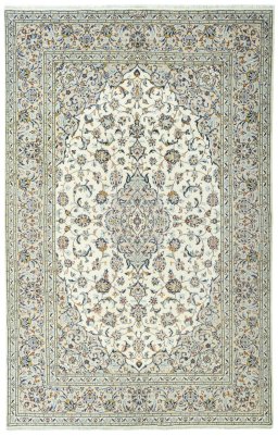 Full view of 2000s Kashan rug from Iran / Persia, 310 × 200 cm in Beige tones