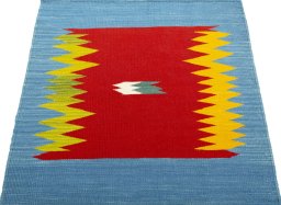 Close-up detail of New Kilim Sofre rug from Turkey showing Wool weave