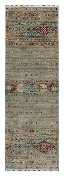 Full view of New Samarkand rug from Pakistan, 247 × 77 cm in Gray tones