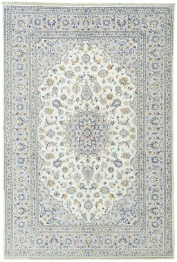 Full view of New Kashan rug from Iran / Persia, 298 × 202 cm in Beige tones