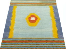Close-up detail of New Kilim Sofre rug from Turkey showing Wool weave