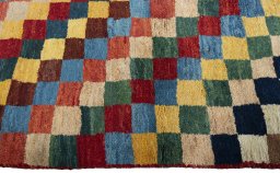 Close-up detail of 2000s Persian Gabbeh rug from Pakistan showing Wool weave